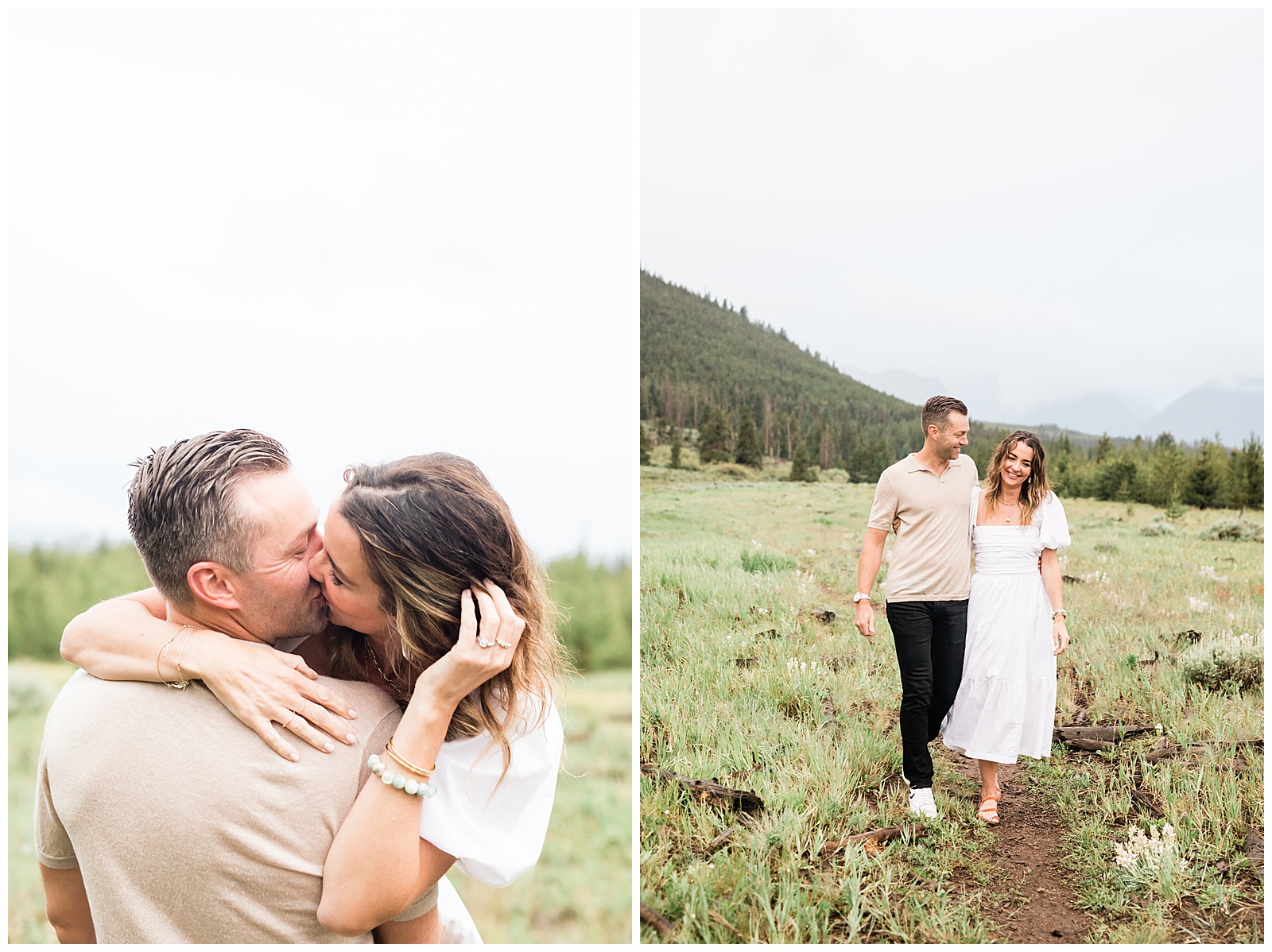 A side by side photo of a couple. They are laughing and kissing in the first photo and walking together and smiling in the second. 