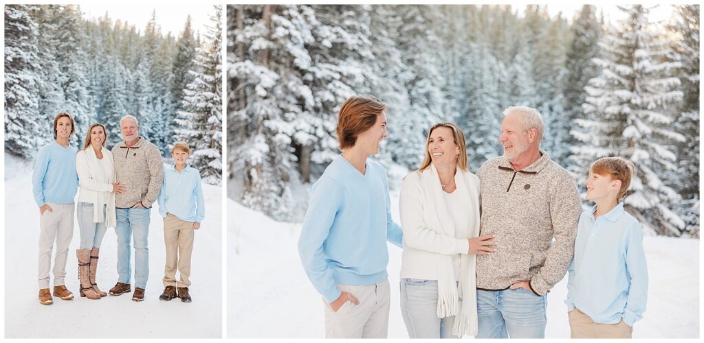 Two side by side photos of the featured family of four, surrounded by snowy trees