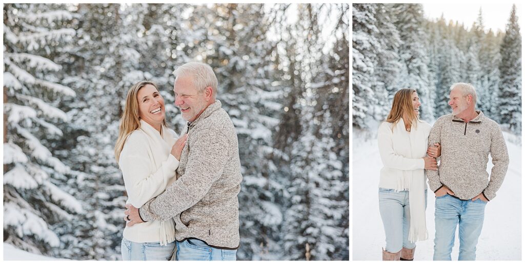 Side by side photos of mom and dad, enjoying a few loving moments to themselves amongst the snowy pine trees