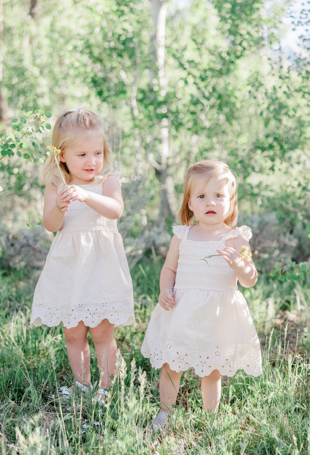 Two toddler girls pick yellow wildflowers in matching dresses in a mountain meadow before visiting the breckenridge children's museum