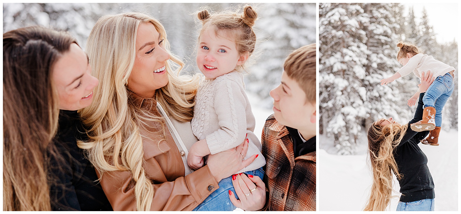 These are side by side photos. In photo one, there is a close-up of two adults and two children, cuddled close together, looking lovingly on the little girl in one of the woman's arms. The second phone is one of the women tossing the young girl lovingly up in the air while she laughs