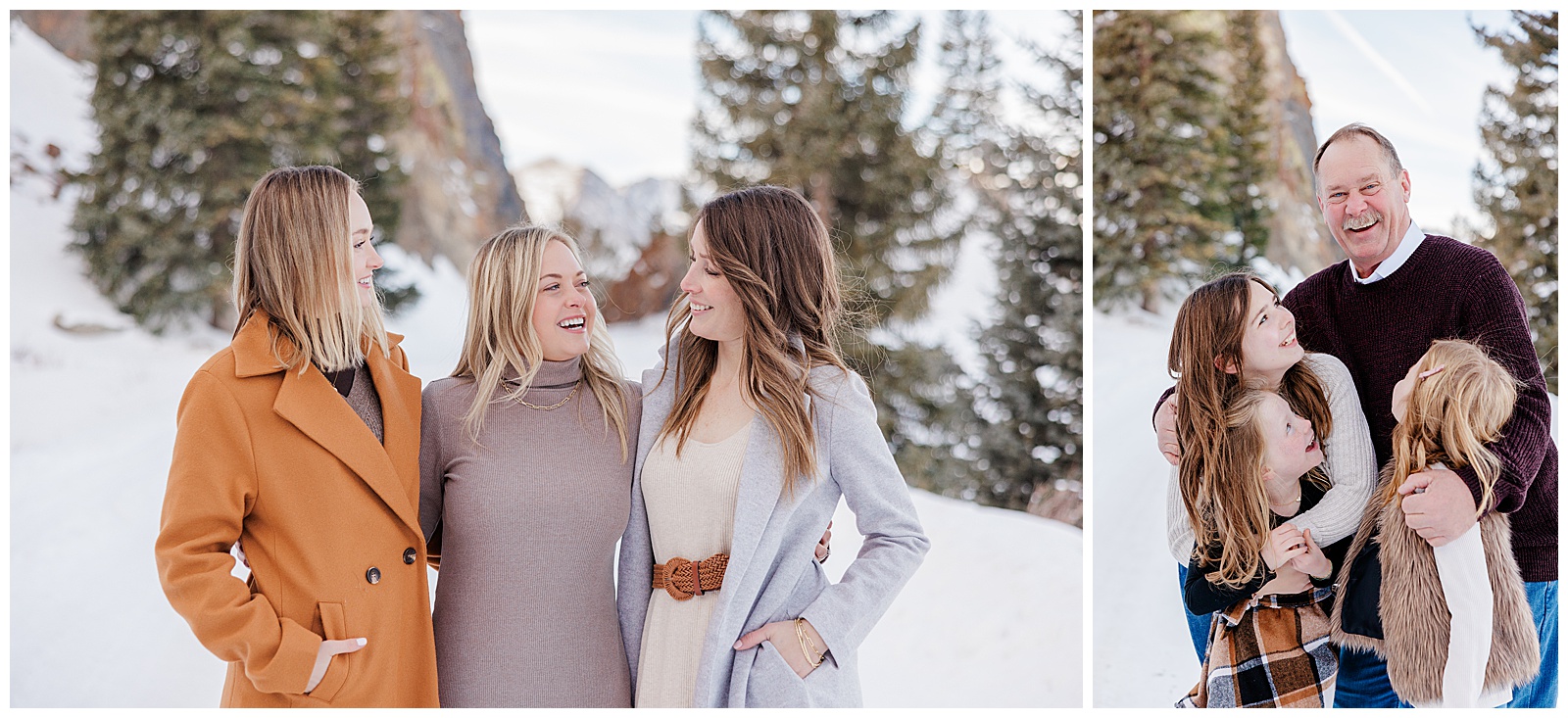 These are two side by side photos. On the left, three adult sisters are hugging and smiling at one another. On the right, a grandfathers and 3 granddaughters are all laughing in a close embrace.