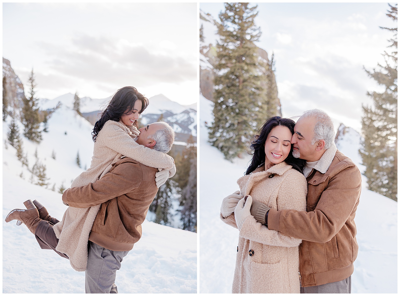 These are two side by side photos of an adult couple. In the photo on the left the man as the women hoisted up and is spinning her around joyfully. In the second photo, they are close together, arm in arm with a gorgeous wintery mountain backdrop behind them. 