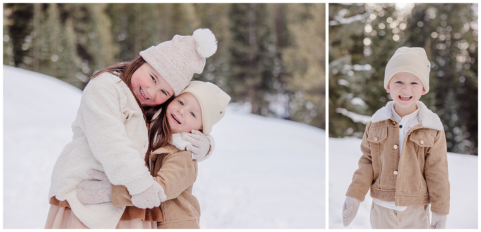 These are two side by side photos. On the left, a young brother and sister are hugging tightly and smiling. The photo on the right is a cute photo of the young boy enjoying the snow and smiling at the camera. 