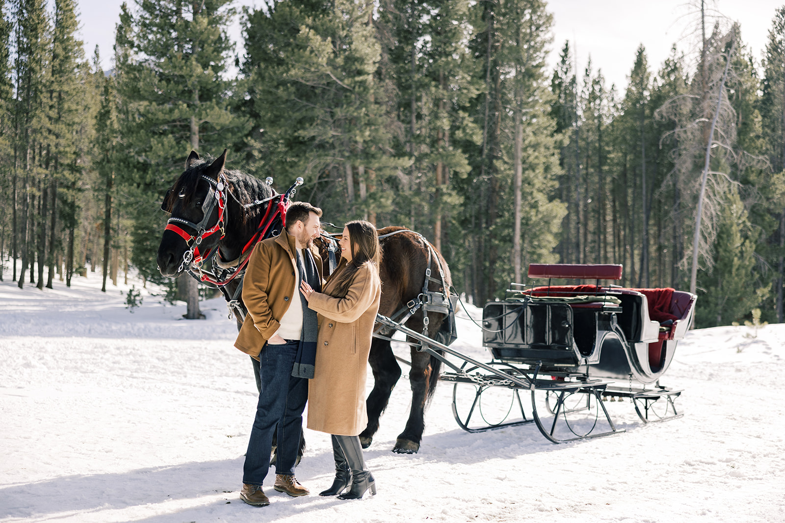A happy couple smile at each other while standing by the horse of a private sleigh ride in Breckenridge in a snowy forest in tan coats